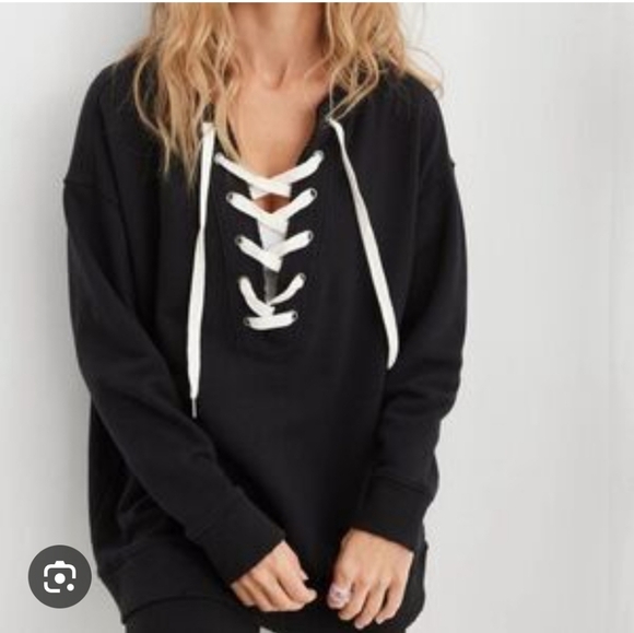 Aerie | Faded Washed Black Laced Up Sweatshirt Size Small - Picture 2 of 8